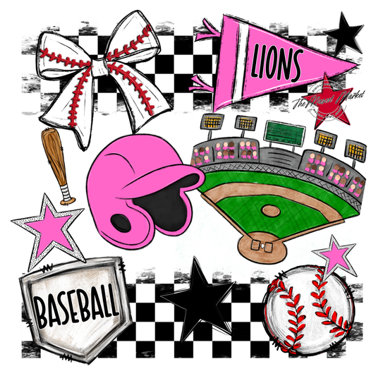 Lions Checkers Baseball Spirit Design-Baby Pink