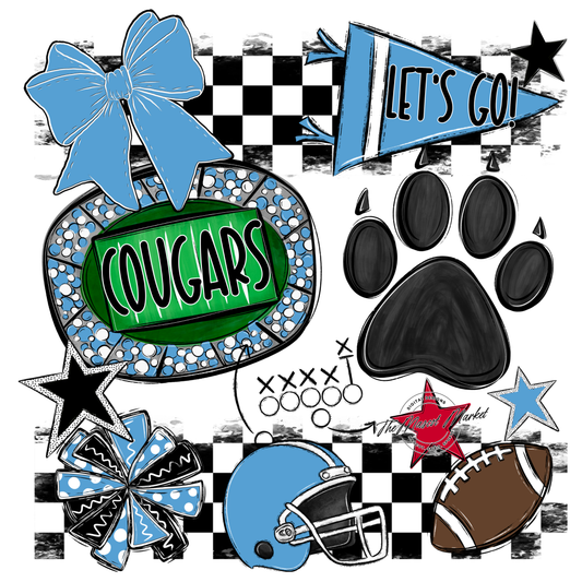 Cougars Checkers Mascot Spirit Design w Paw-Carolina Blue