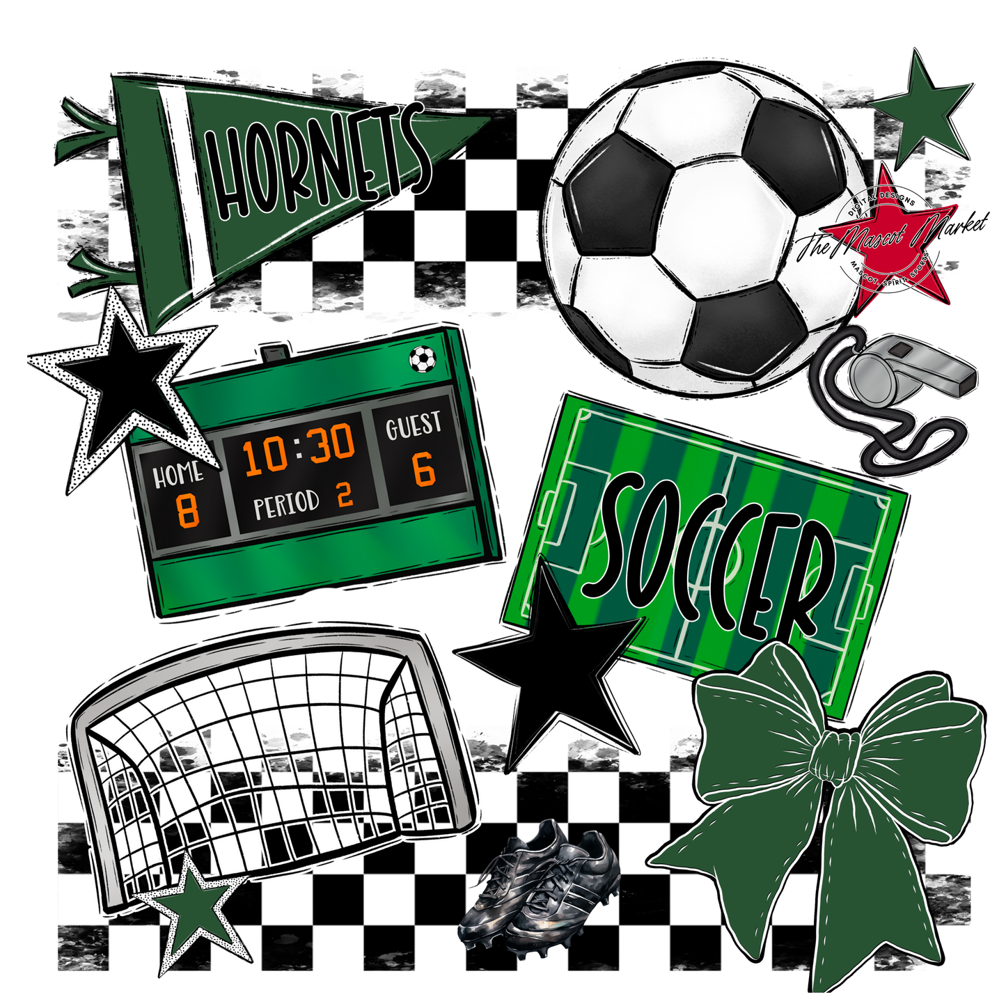 Hornets Checkers Soccer Spirit Design-Green