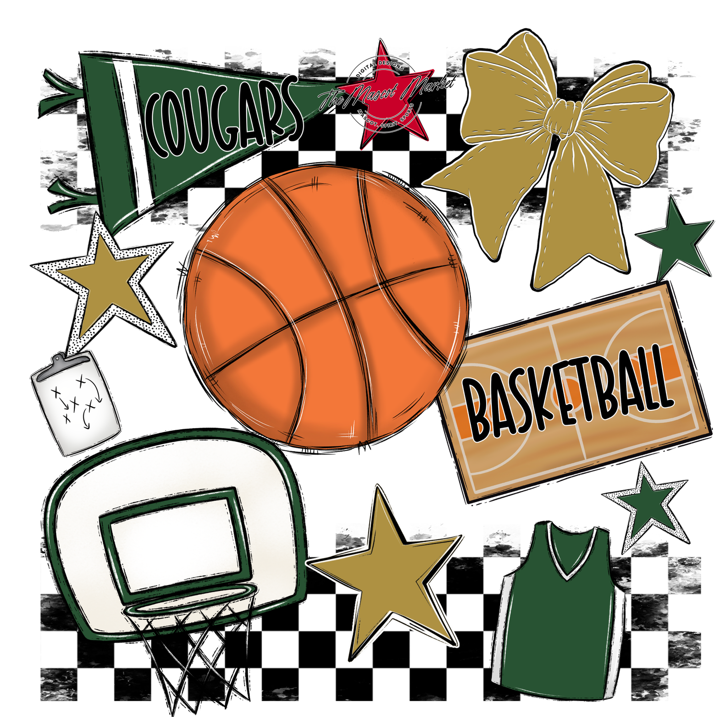 Cougars Checkers Basketball Spirit Design-Green-Gold