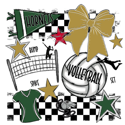 Hornets Checkers Volleyball Spirit Design-Green-Gold