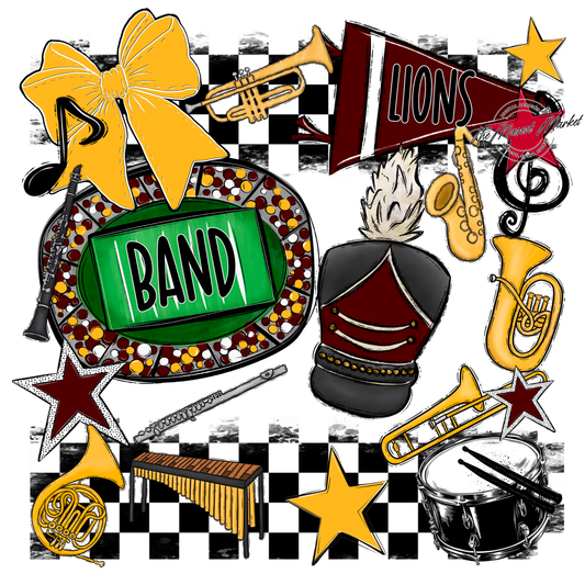 Lions Checkers Band Spirit Design-Maroon-Yellow