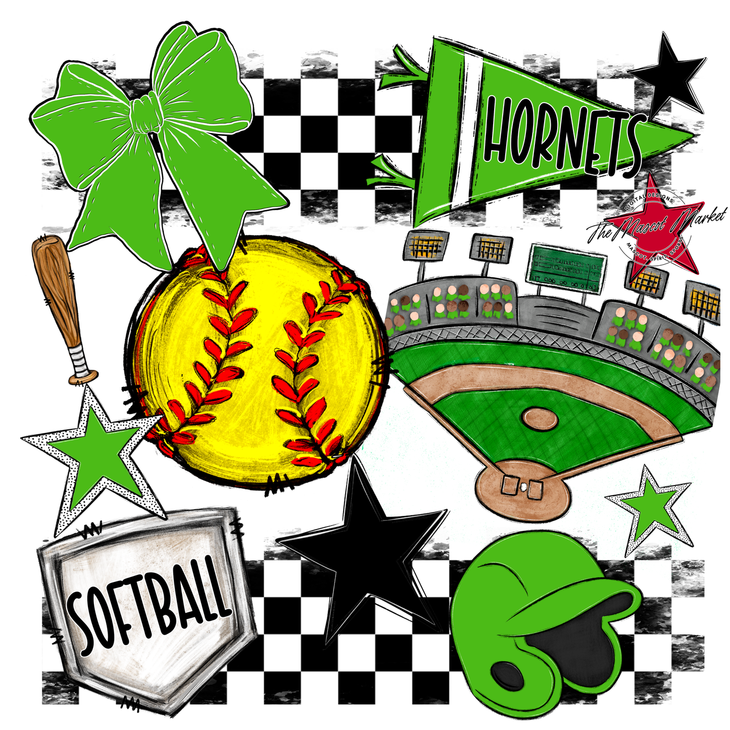 Hornets Checkers Softball Spirit Design-Bright Green