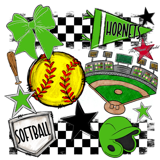 Hornets Checkers Softball Spirit Design-Bright Green