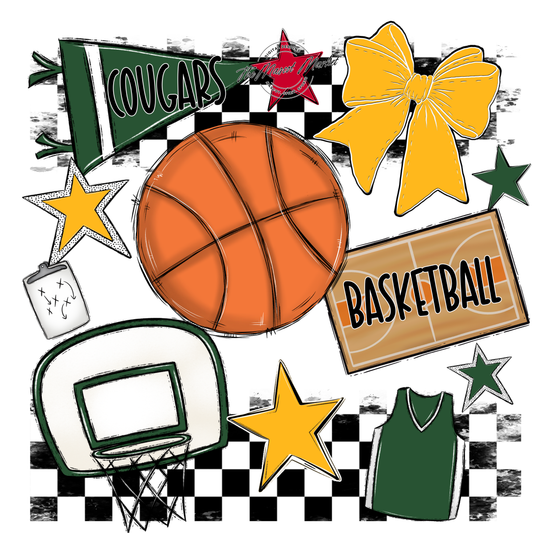 Cougars Checkers Basketball Spirit Design-Green-Yellow
