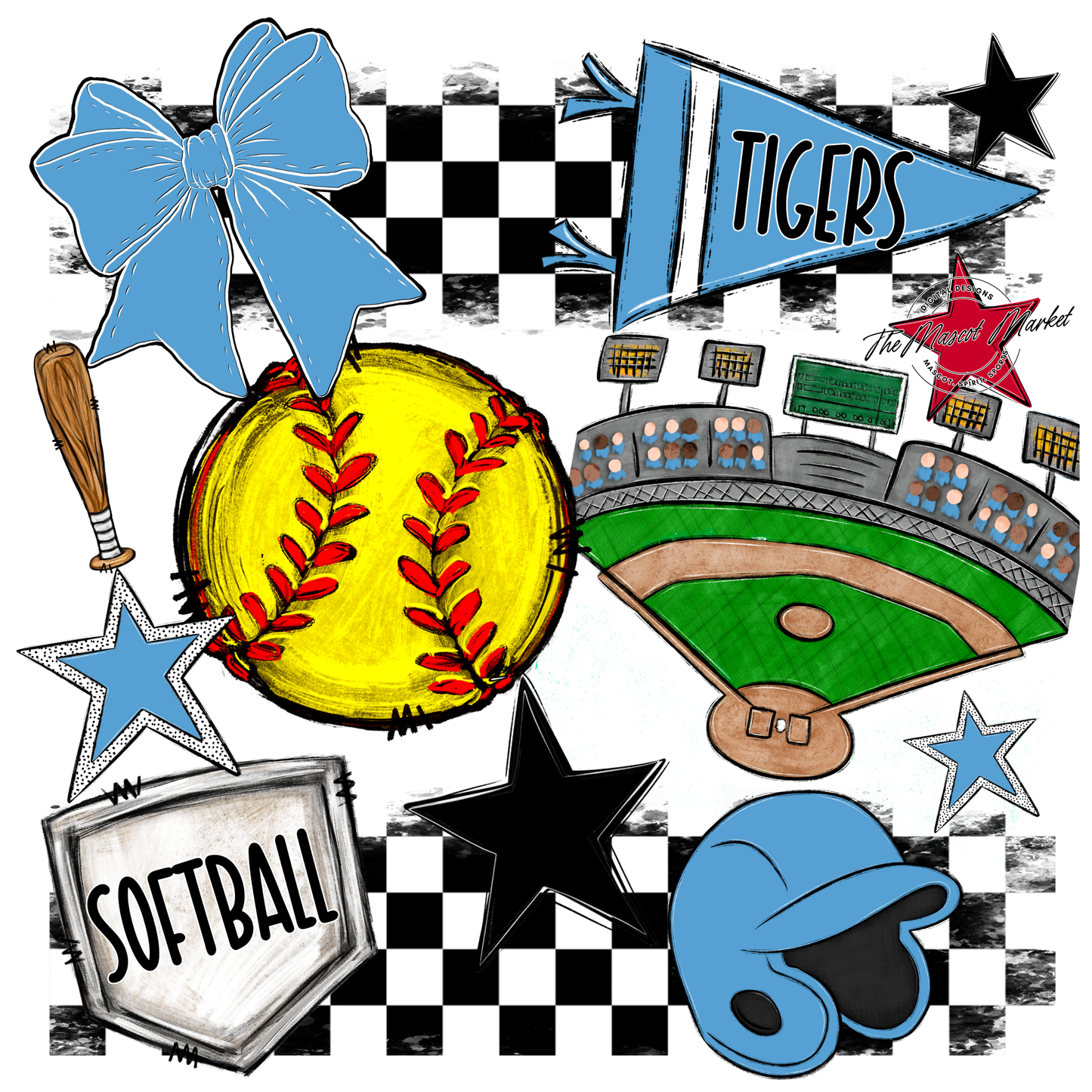 Tigers Checkers Softball Spirit Design-Carolina Blue
