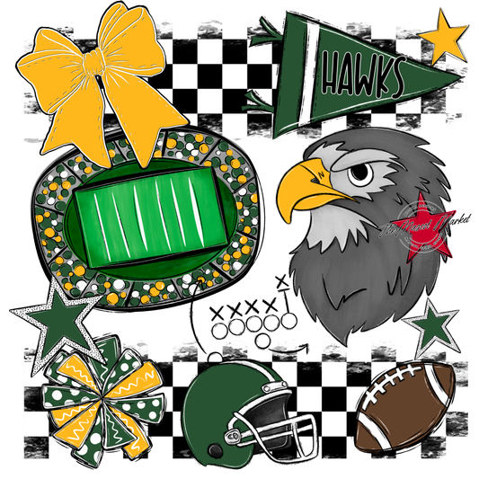 Hawks Checkers Mascot Spirit Design-Green-Yellow