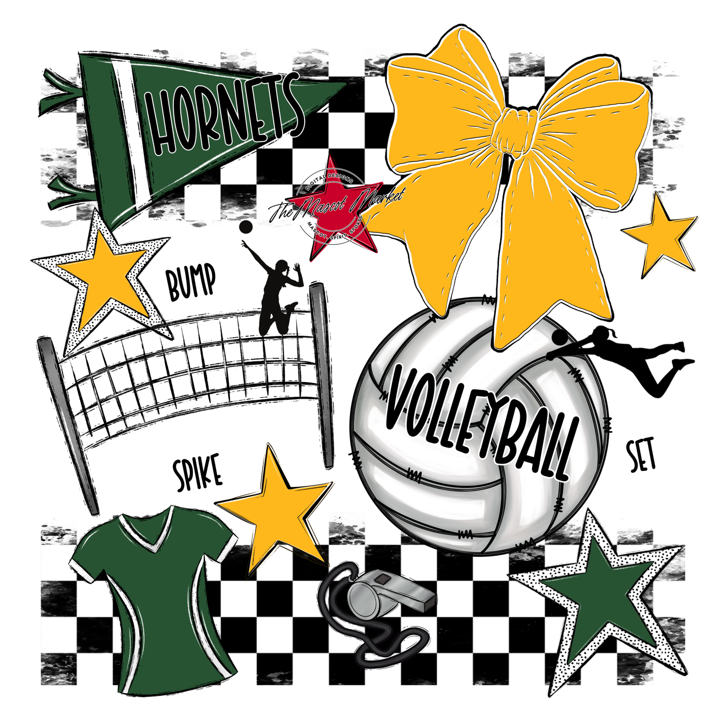 Hornets Checkers Volleyball Spirit Design-Green-Yellow