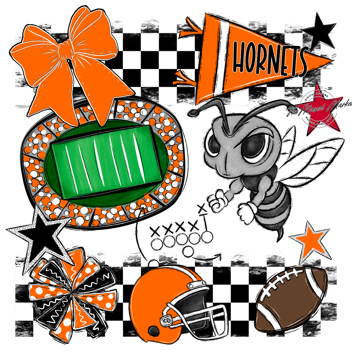 Hornets Checkers Mascot Spirit Design-Orange
