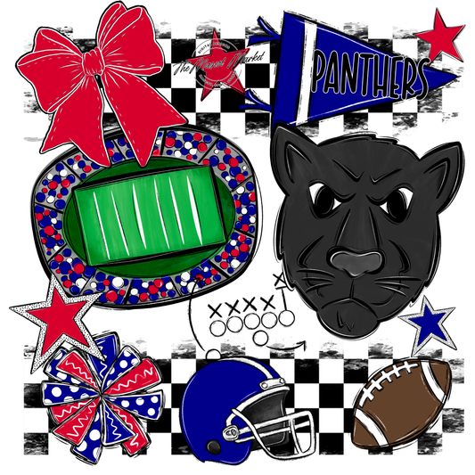Panthers Checkers Mascot Spirit Design-Blue-Red