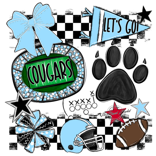 Cougars Checkers Mascot Spirit Design w Paw-Columbia Blue