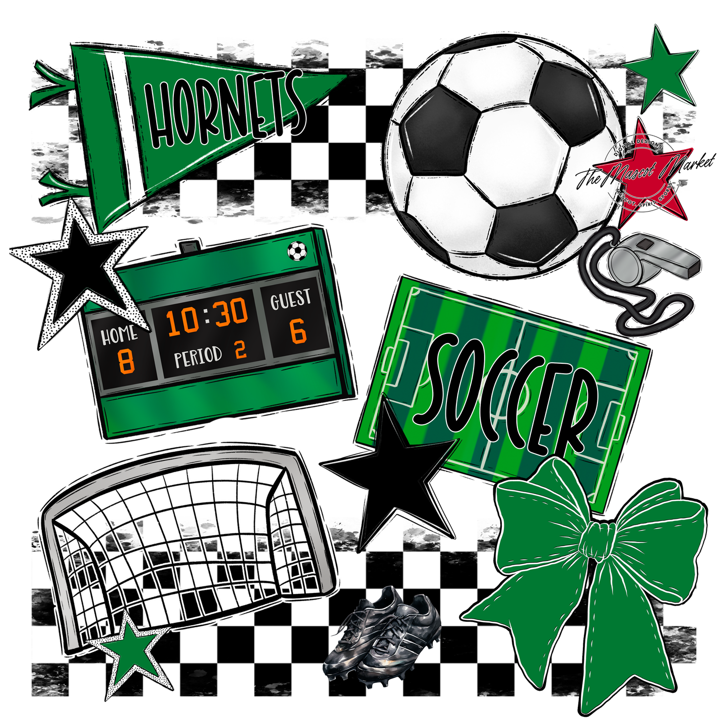 Hornets Checkers Soccer Spirit Design-Kelly Green