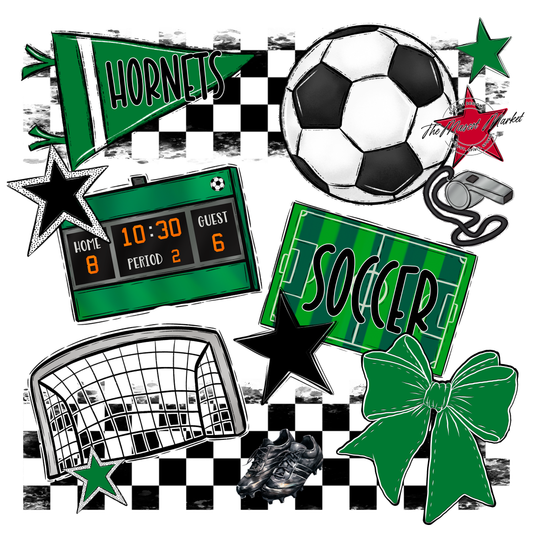Hornets Checkers Soccer Spirit Design-Kelly Green
