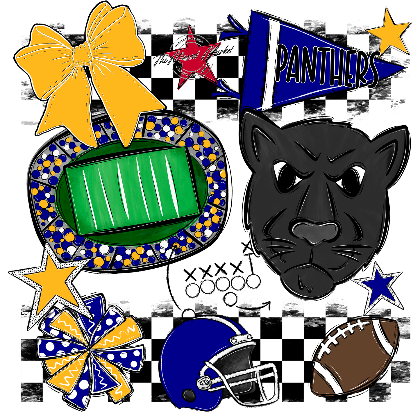 Panthers Checkers Mascot Spirit Design-Blue-Yellow
