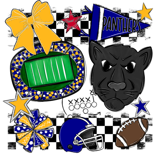 Panthers Checkers Mascot Spirit Design-Blue-Yellow