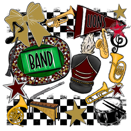 Lions Checkers Band Spirit Design-Maroon-Gold