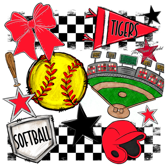 Tigers Checkers Softball Spirit Design-Bright Red