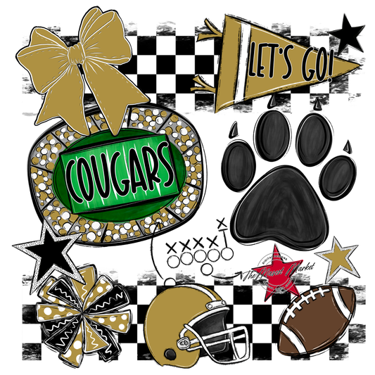 Cougars Checkers Mascot Spirit Design w Paw-Gold