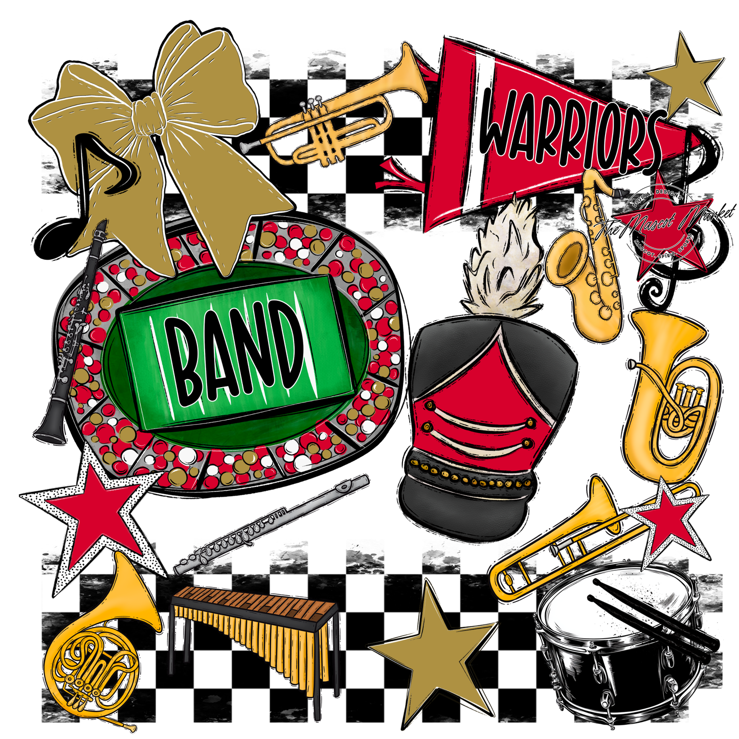 Warriors Checkers Band Spirit Design-Red-Gold