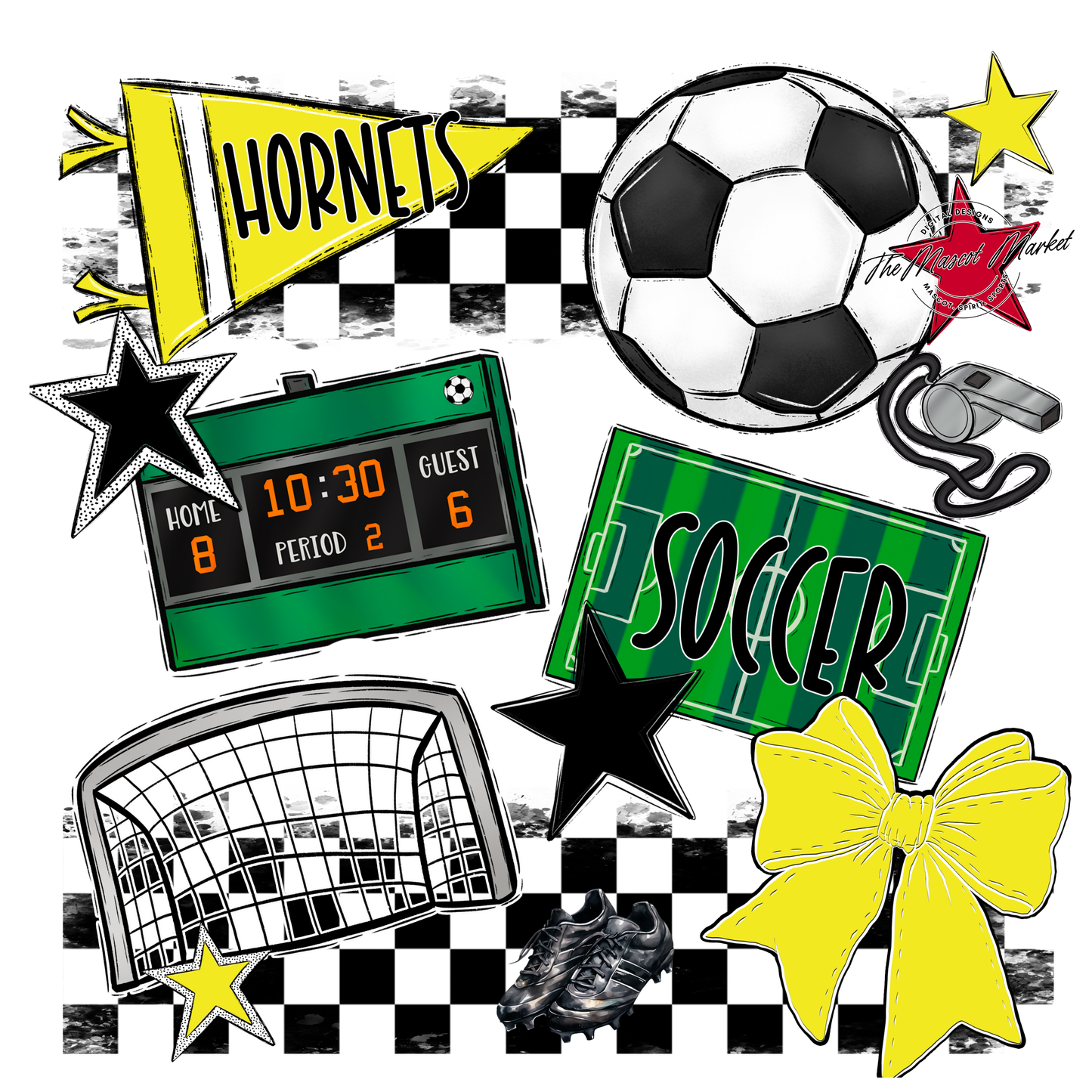Hornets Checkers Soccer Spirit Design-Bright Yellow