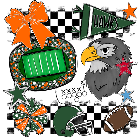 Hawks Checkers Mascot Spirit Design-Green-Orange