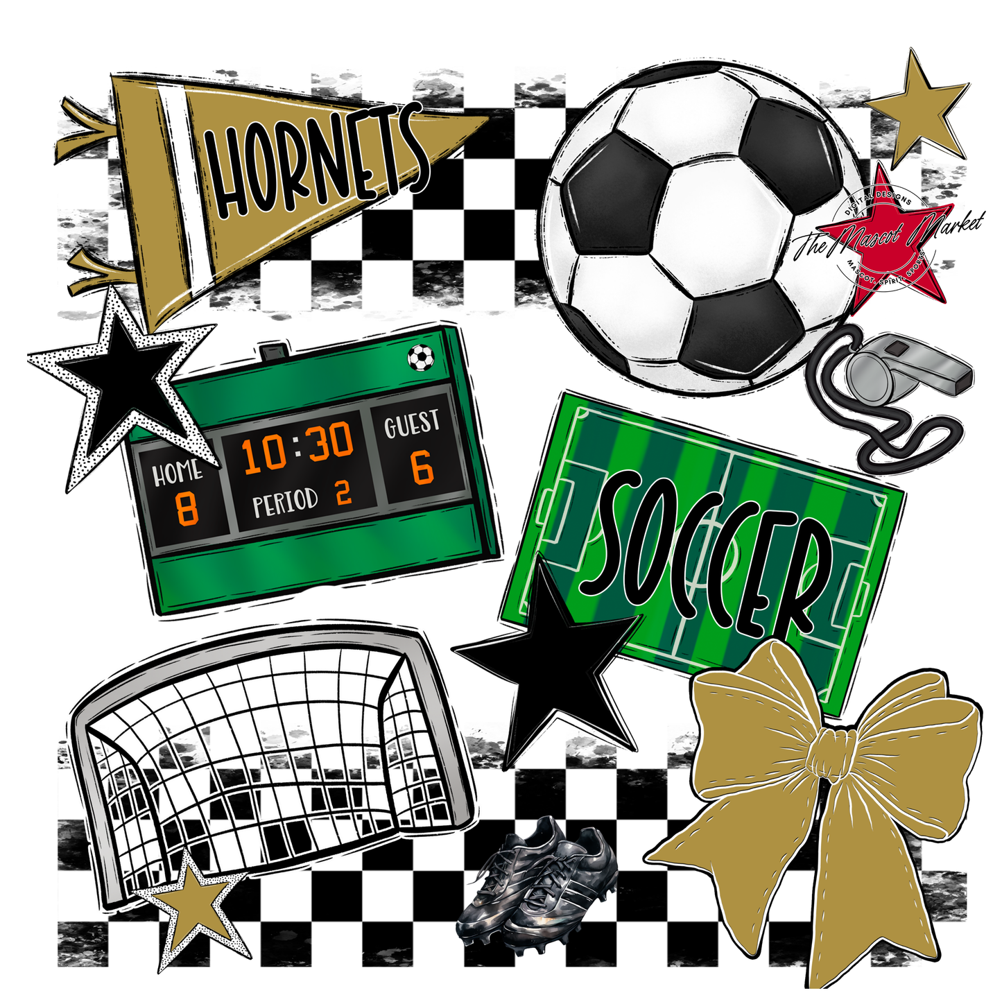 Hornets Checkers Soccer Spirit Design-Gold