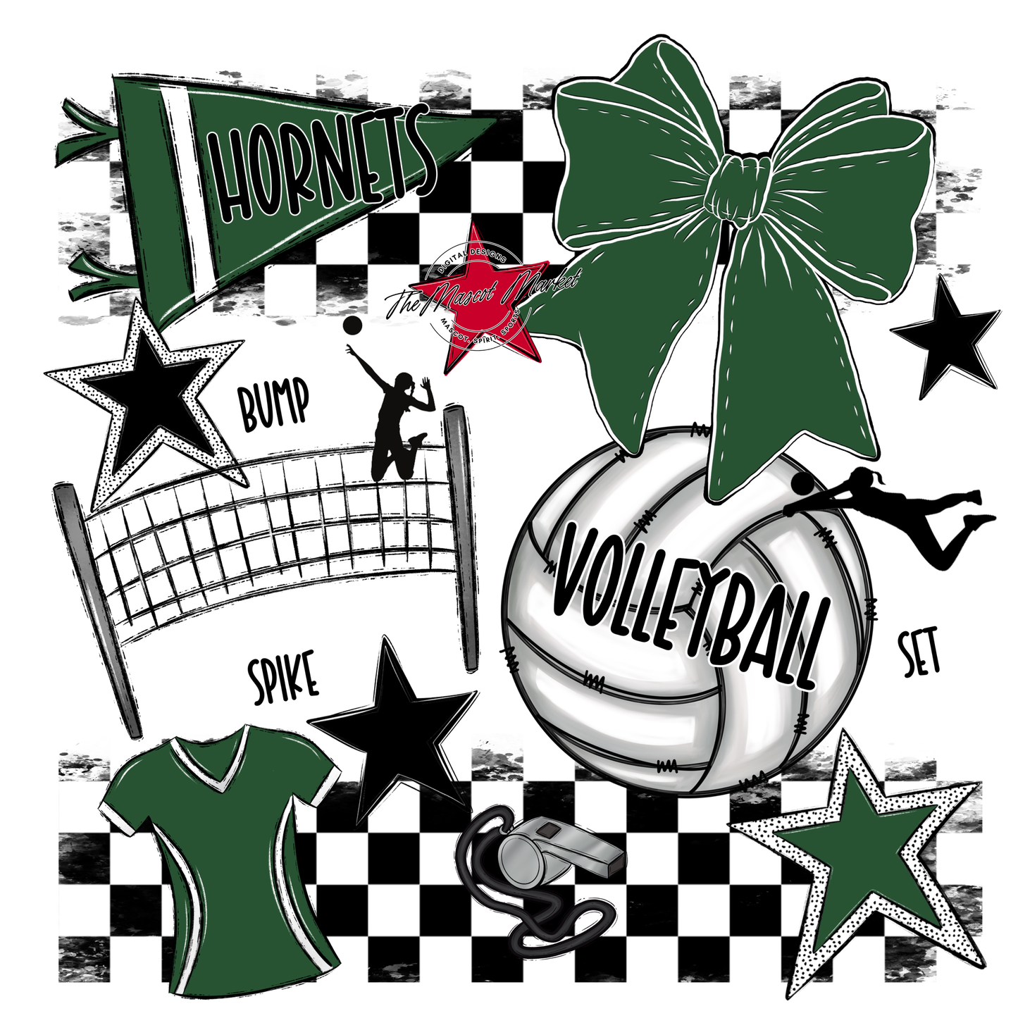 Hornets Checkers Volleyball Spirit Design-Green
