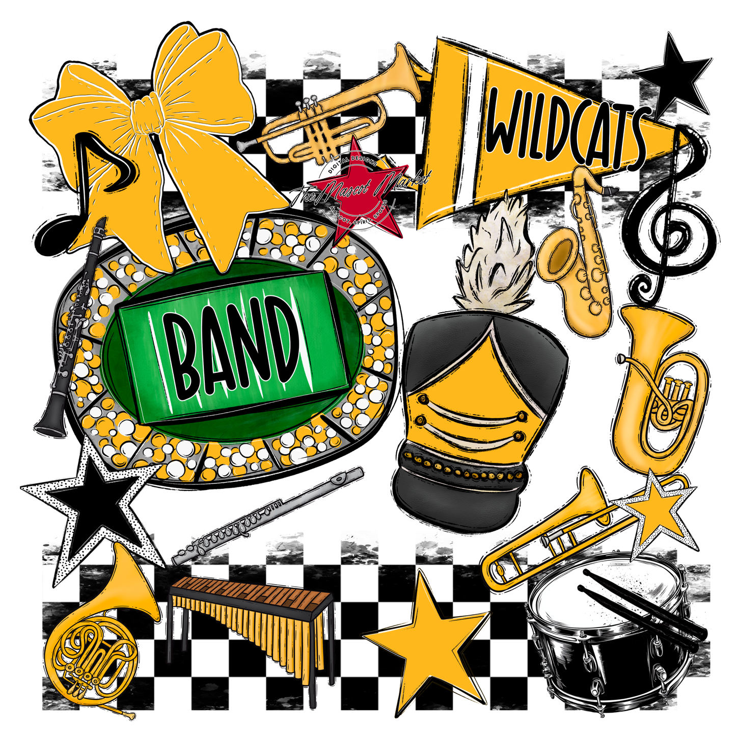Wildcats Checkers Band Spirit Design-Yellow