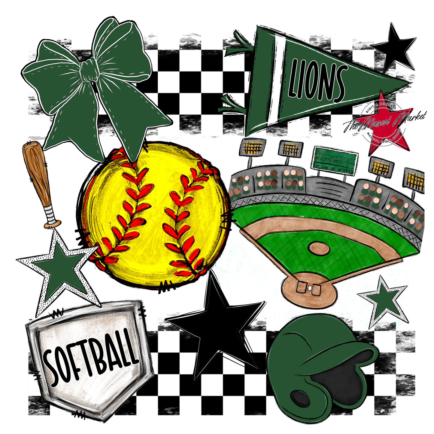 Lions Checkers Softball Spirit Design-Green