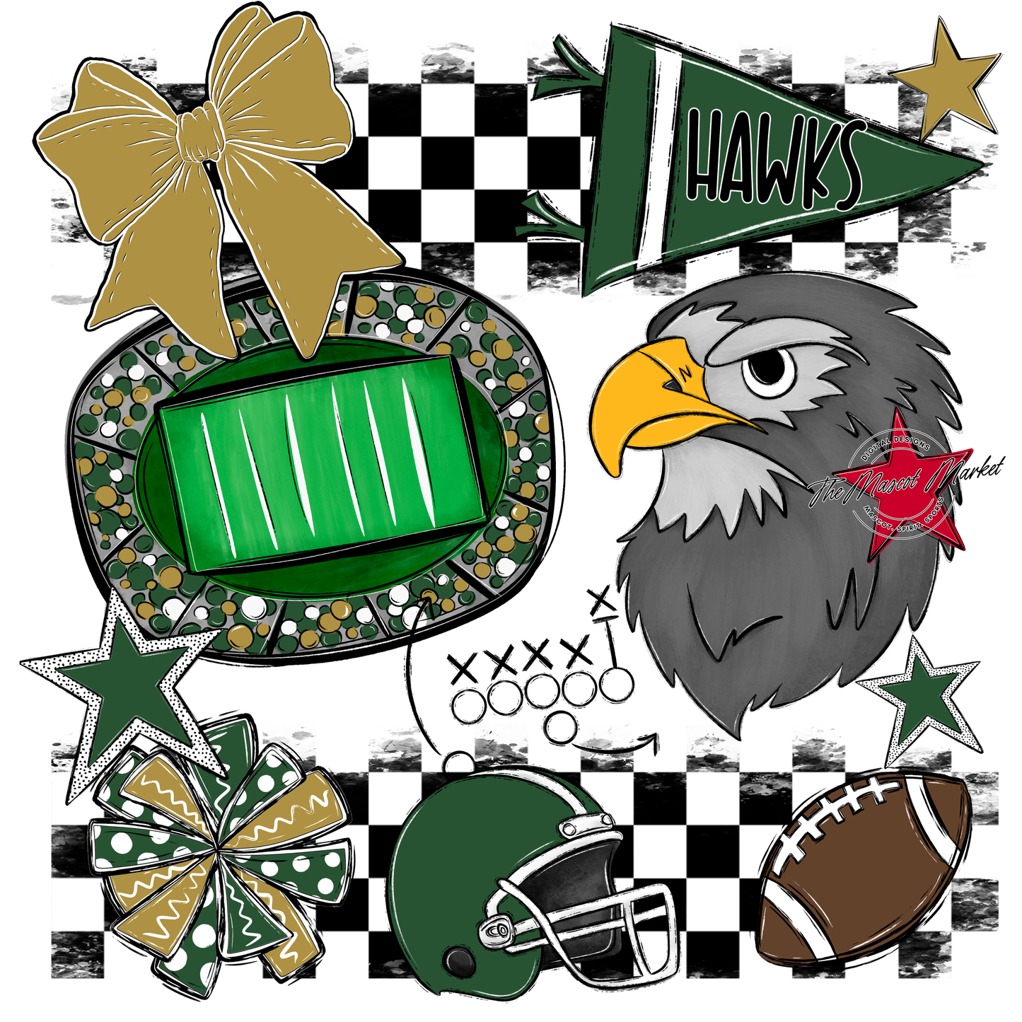 Hawks Checkers Mascot Spirit Design-Green-Gold