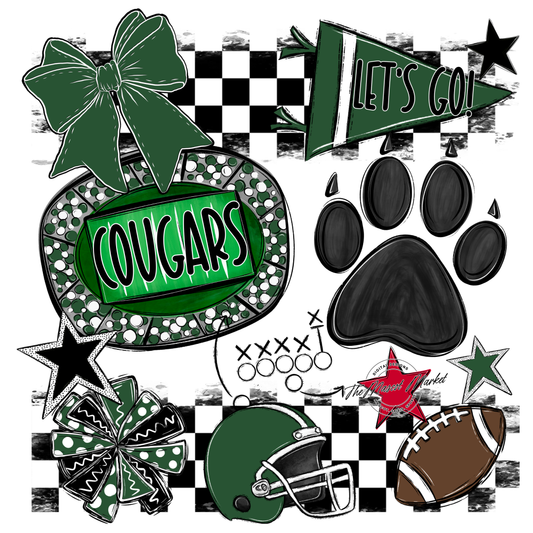Cougars Checkers Mascot Spirit Design w Paw-Green