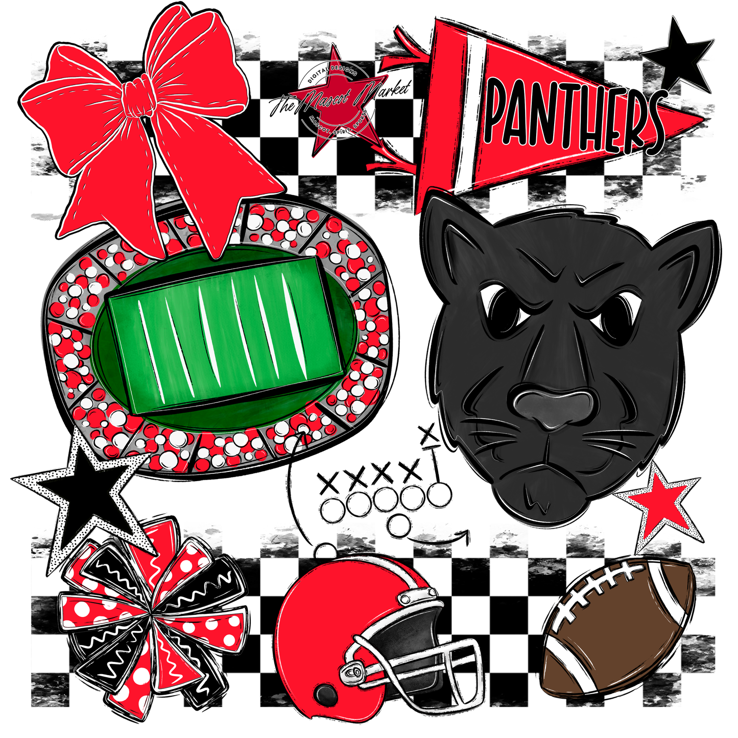 Panthers Checkers Mascot Spirit Design-Bright Red