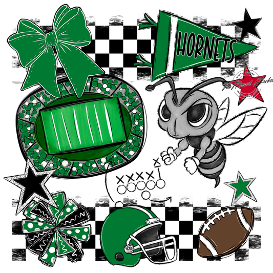 Hornets Checkers Mascot Spirit Design-Kelly Green
