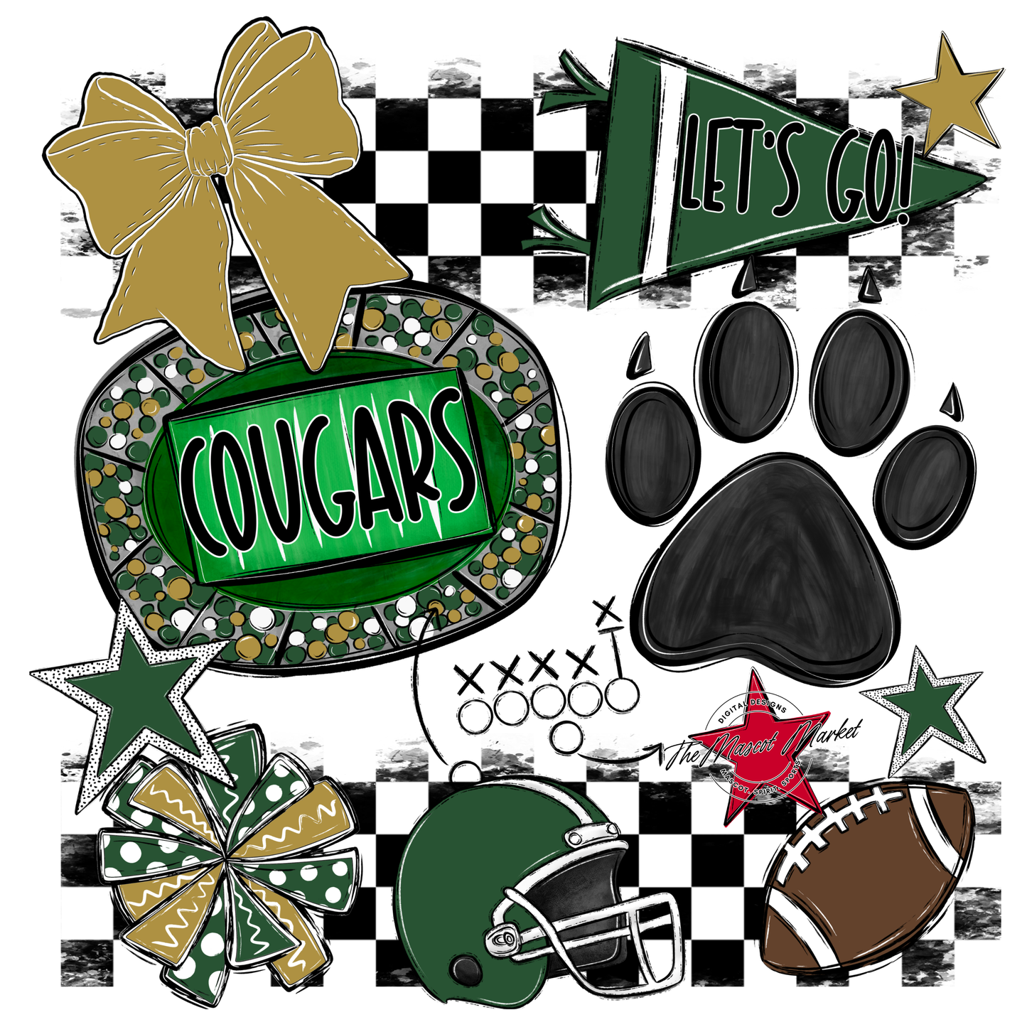 Cougars Checkers Mascot Spirit Design w Paw-Green-Gold
