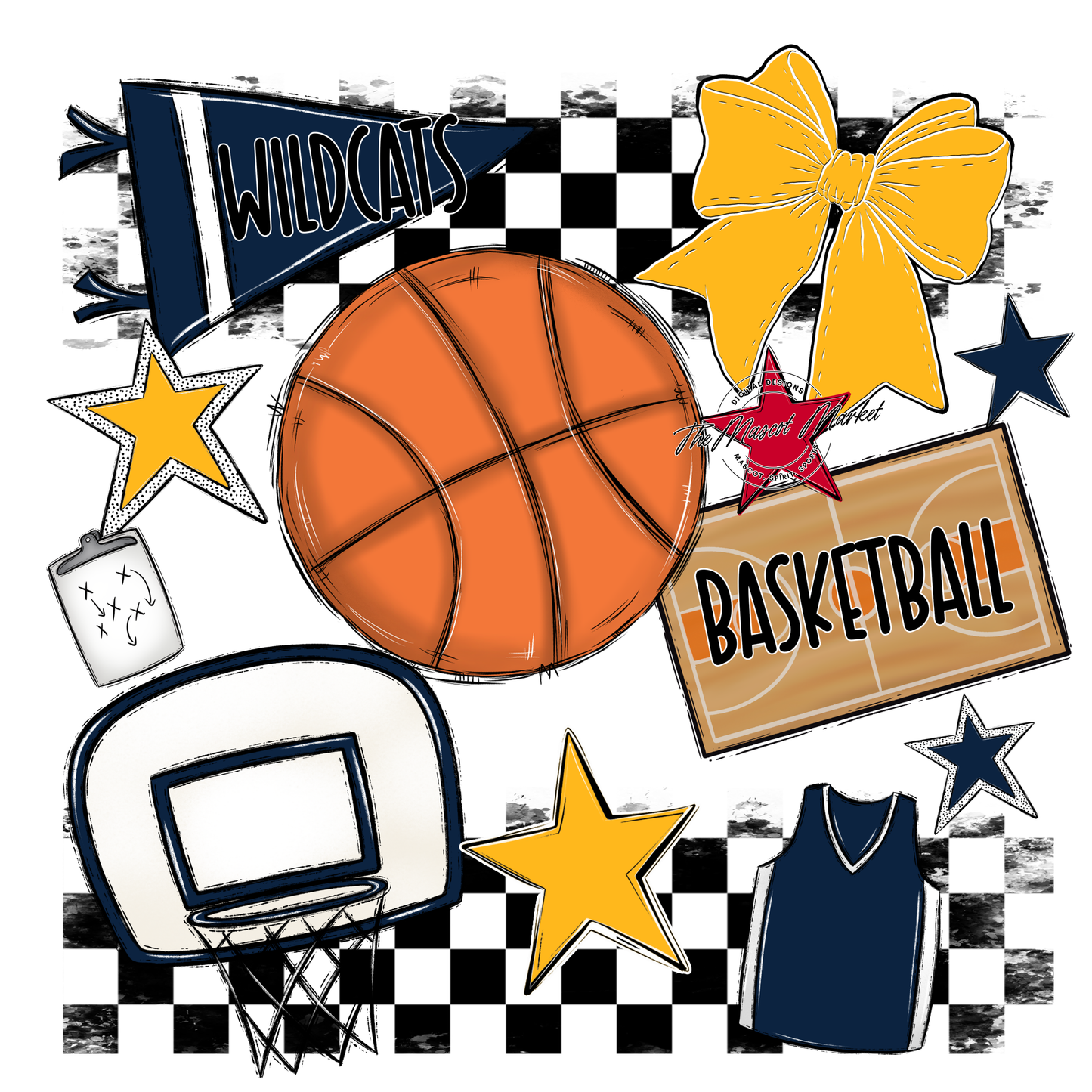 Wildcats Checkers Basketball Spirit Design-Navy-Yellow
