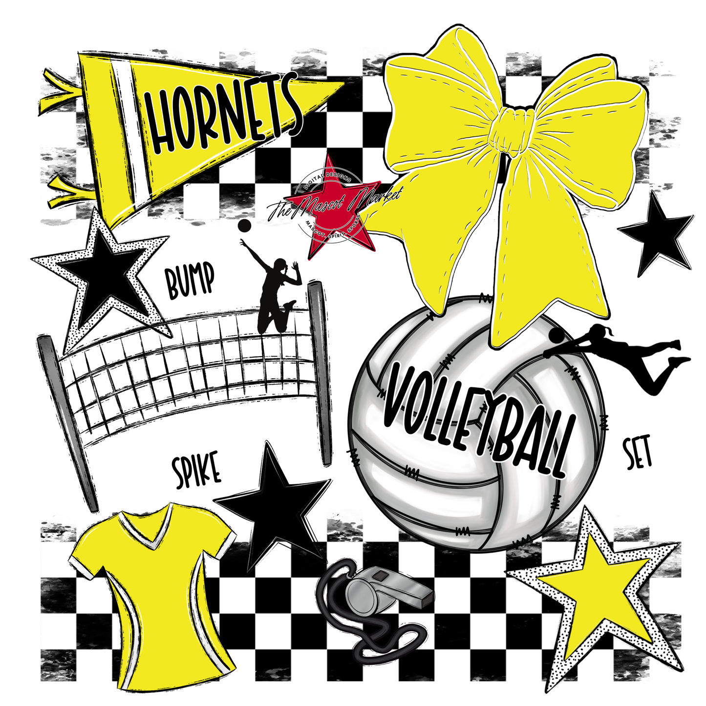 Hornets Checkers Volleyball Spirit Design-Bright Yellow