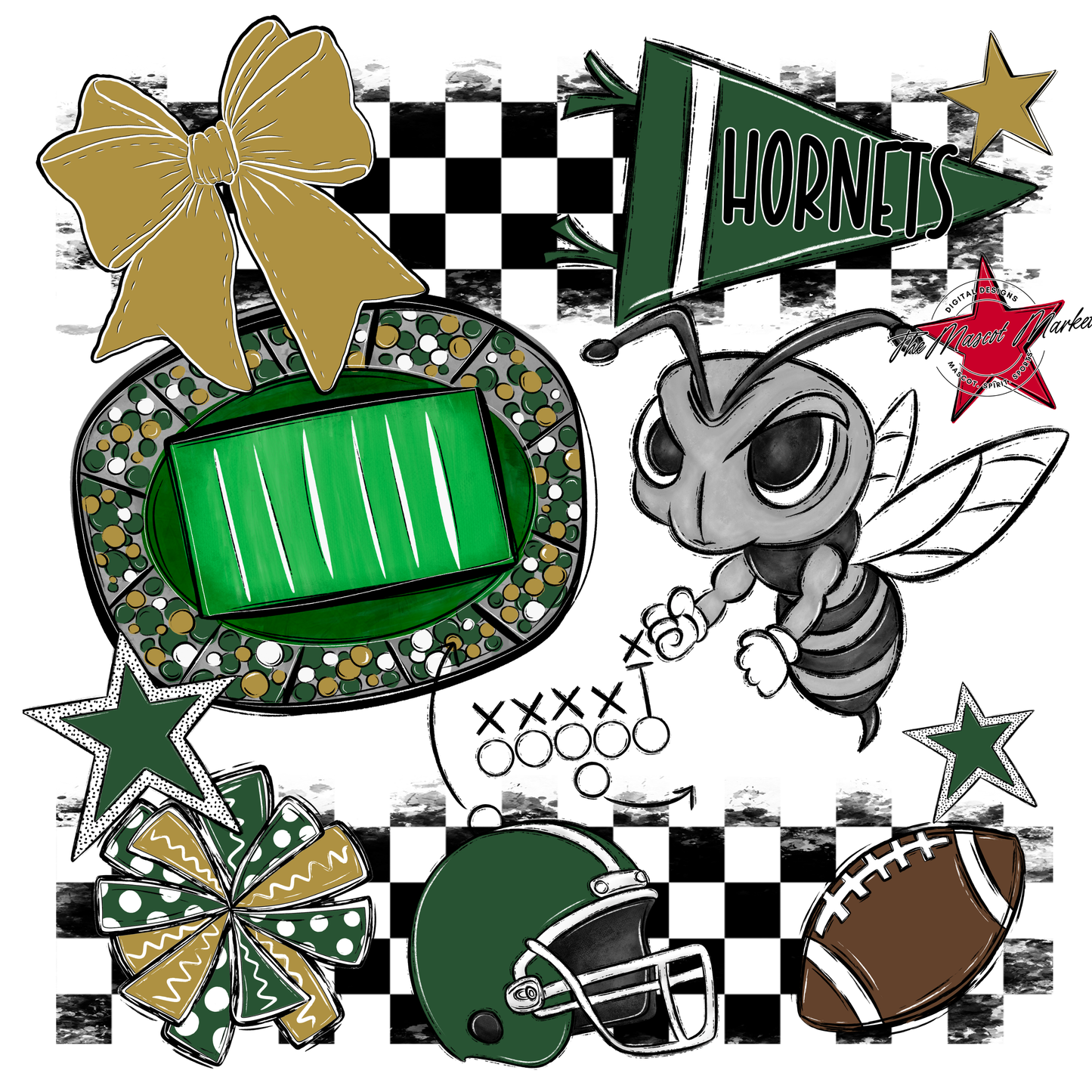 Hornets Checkers Mascot Spirit Design-Green-Gold