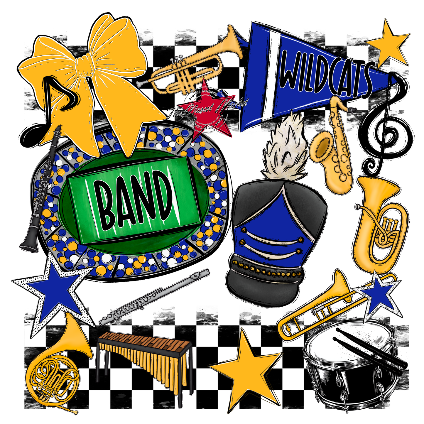 Wildcats Checkers Band Spirit Design-Royal Blue-Yellow