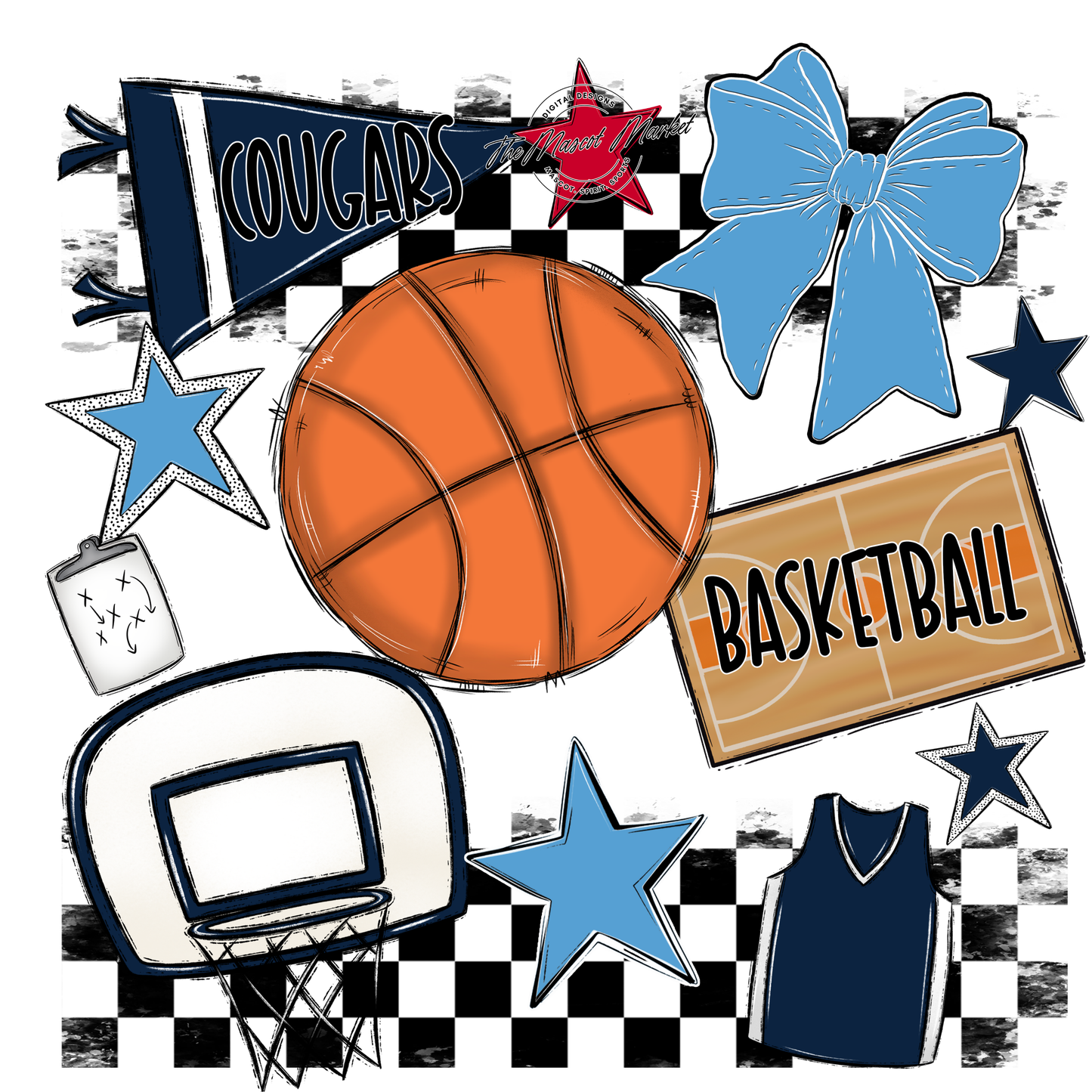 Cougars Checkers Basketball Spirit Design-Navy-Carolina Blue