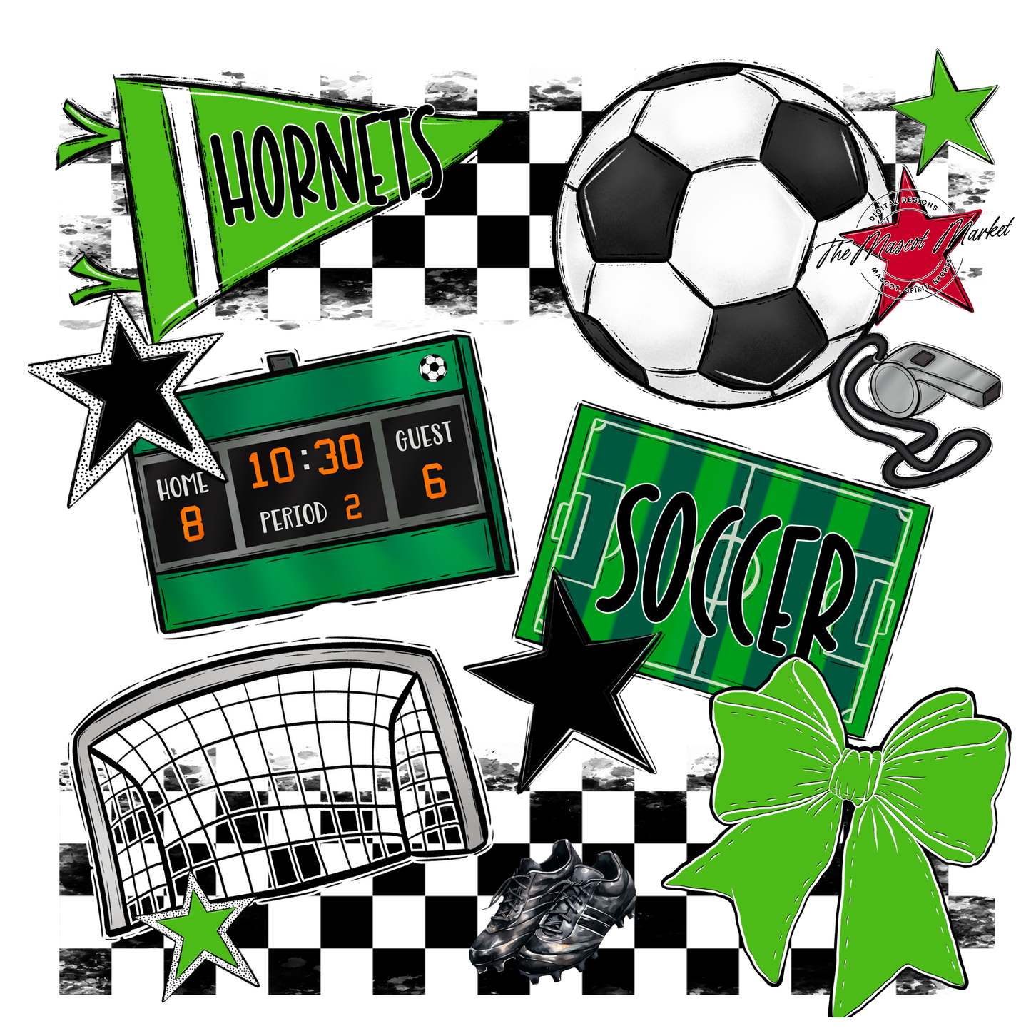 Hornets Checkers Soccer Spirit Design-Bright Green