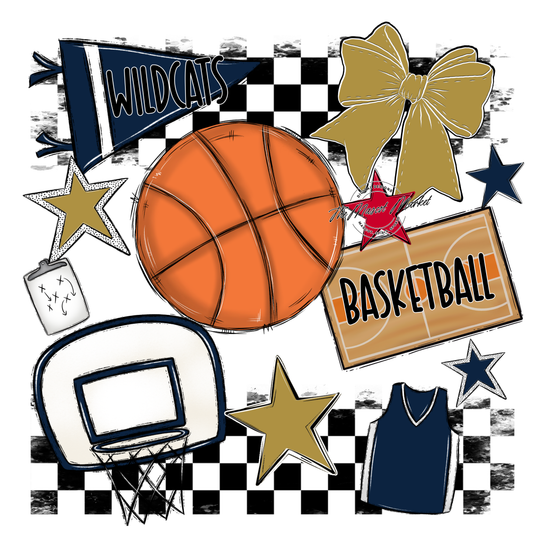 Wildcats Checkers Basketball Spirit Design-Navy-Gold