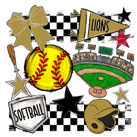 Lions Checkers Softball Spirit Design-Gold