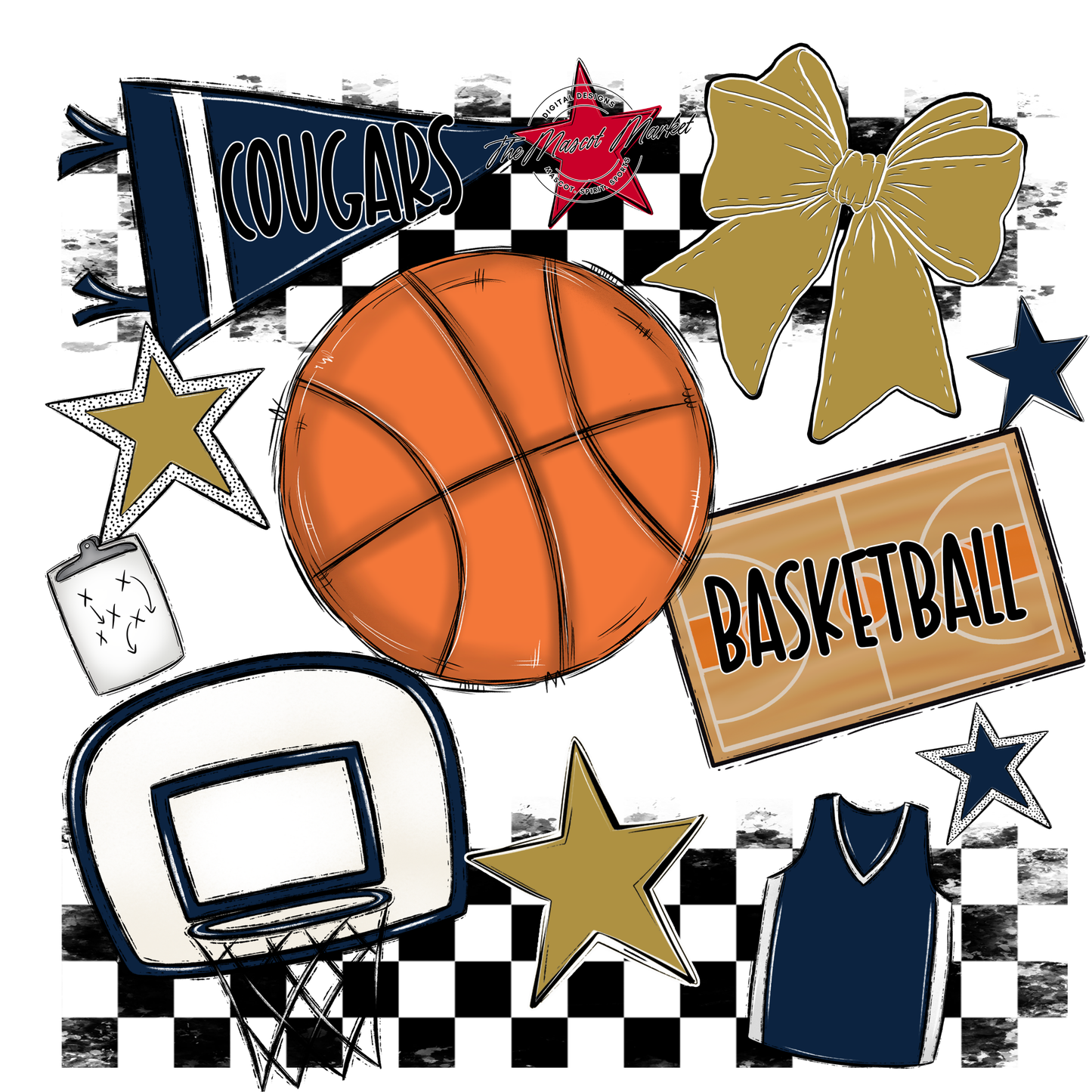 Cougars Checkers Basketball Spirit Design-Navy-Gold