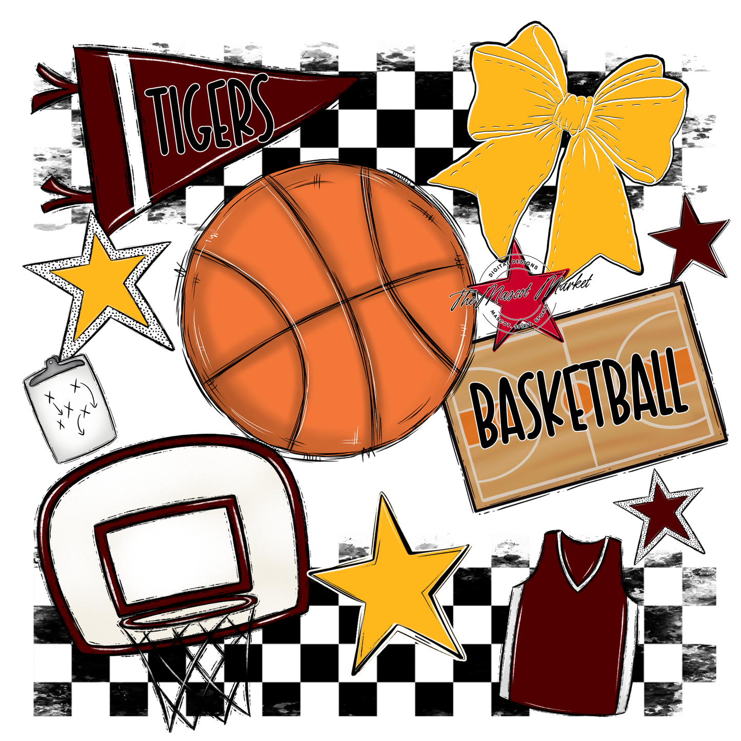 Tigers Checkers Basketball Spirit Design-Maroon-Yellow