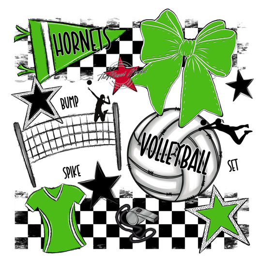 Hornets Checkers Volleyball Spirit Design-Bright Green