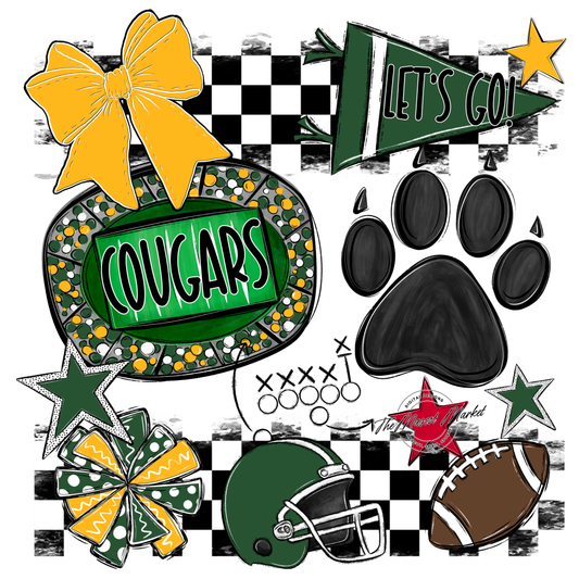Cougars Checkers Mascot Spirit Design w Paw-Green-Yellow