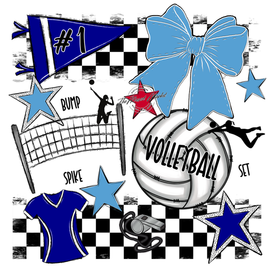 Volleyball Checkers Spirit Design-Blue-Carolina Blue