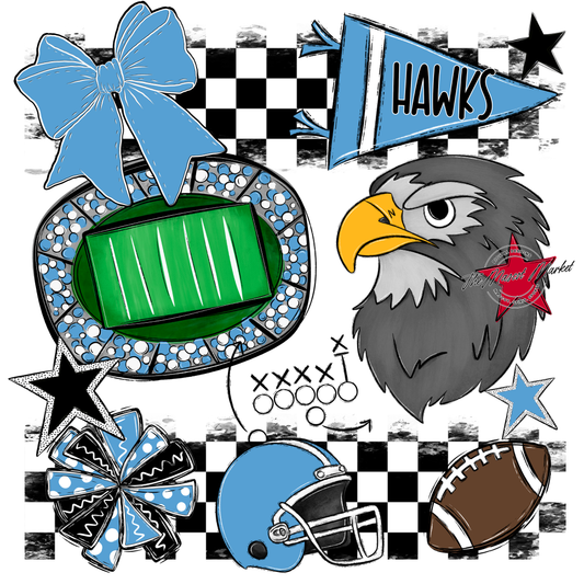 Hawks Checkers Mascot Spirit Design-Carolina Blue