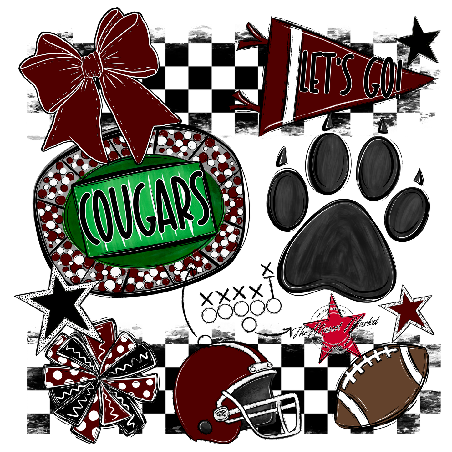 Cougars Checkers Mascot Spirit Design w Paw-Maroon