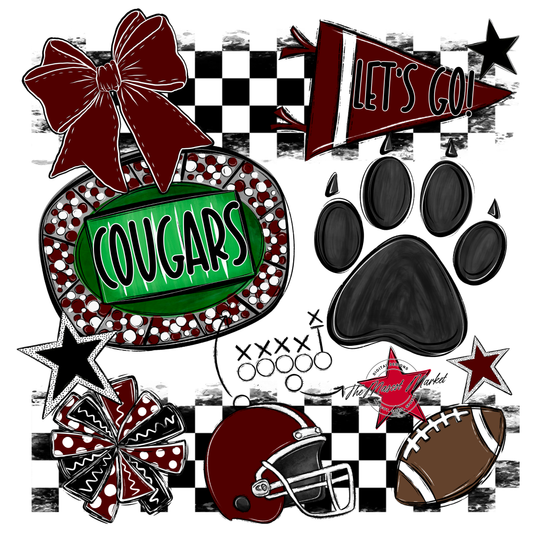 Cougars Checkers Mascot Spirit Design w Paw-Maroon